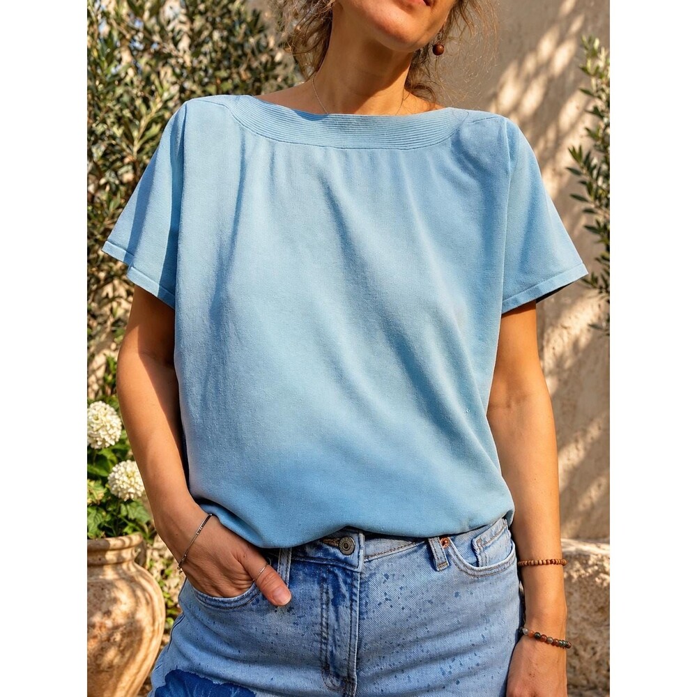 Vintage Blue Silk Blend Knit Top - Minimalist Short Sleeve Sweater L XL